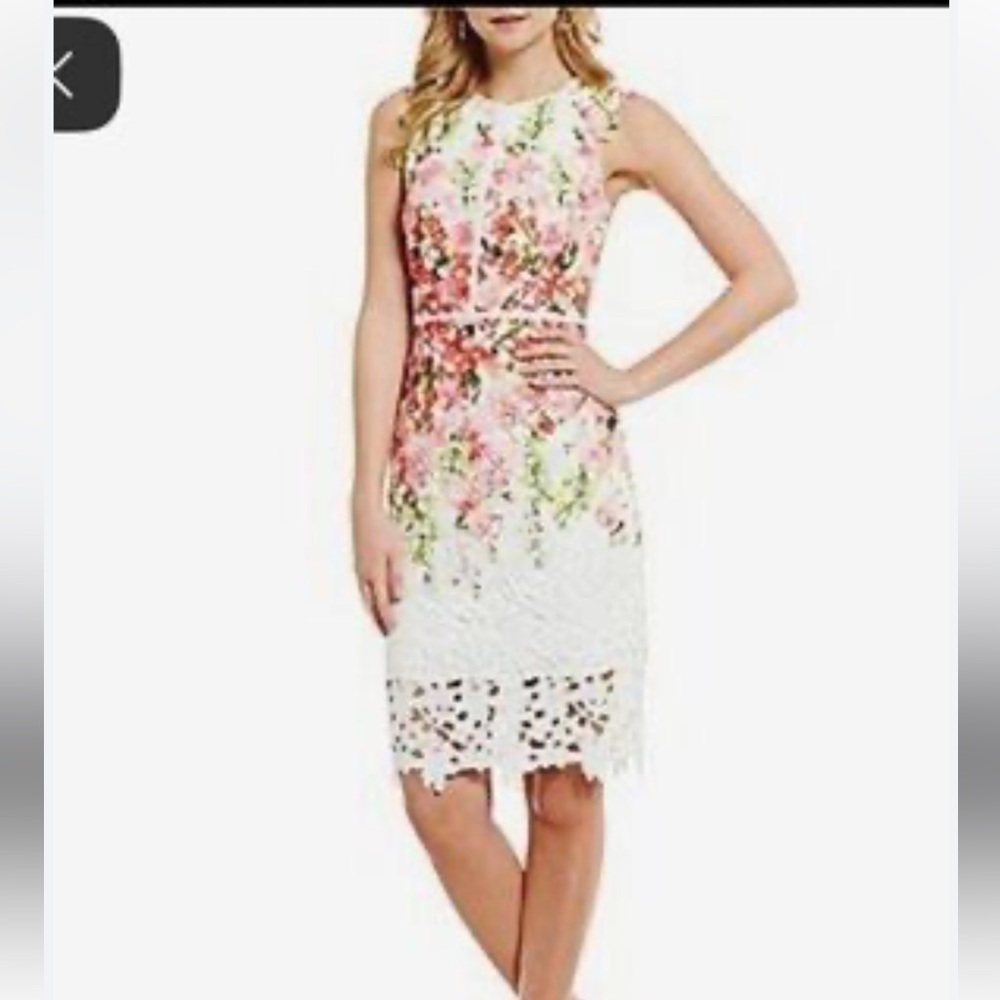 White Lace Midi Dress with Pink & Green Floral Embroidery
